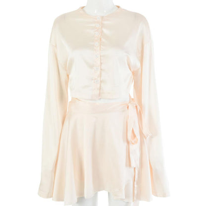 Satin High-Waisted Mini-Skirt with a Long Sleeve Blouse Set