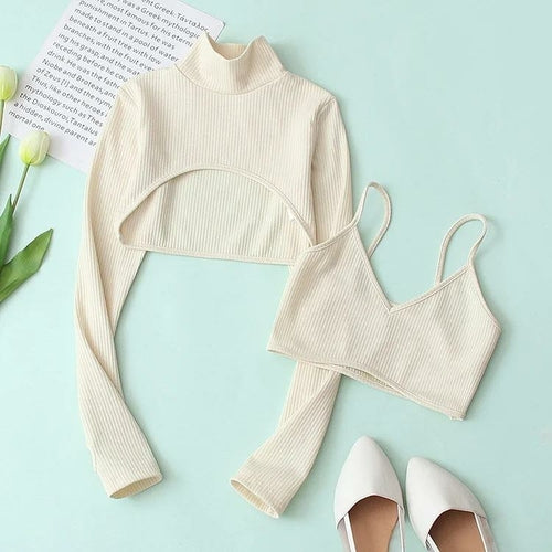 Long Sleeve Crop Top and Bra Set