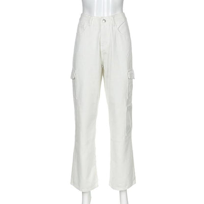 White Straight-Fit High Waisted Cargos